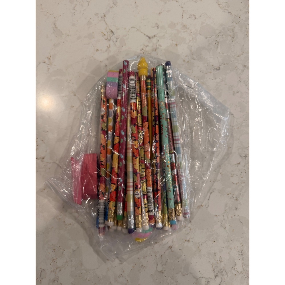 Vintage Y2K Graphic Print Pencil Lot Holographic Patterned Erasers Assorted 30+